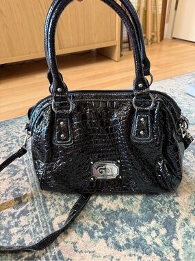 G by Guess Black Patent Croc-Embossed Shoulder Bag